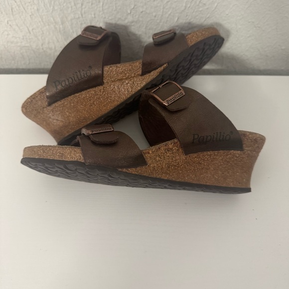 Birkenstock Dorothy Papillio 6-6.5 Brown Cork Wedge Slide Sandals  Dual Straps - Picture 3 of 9